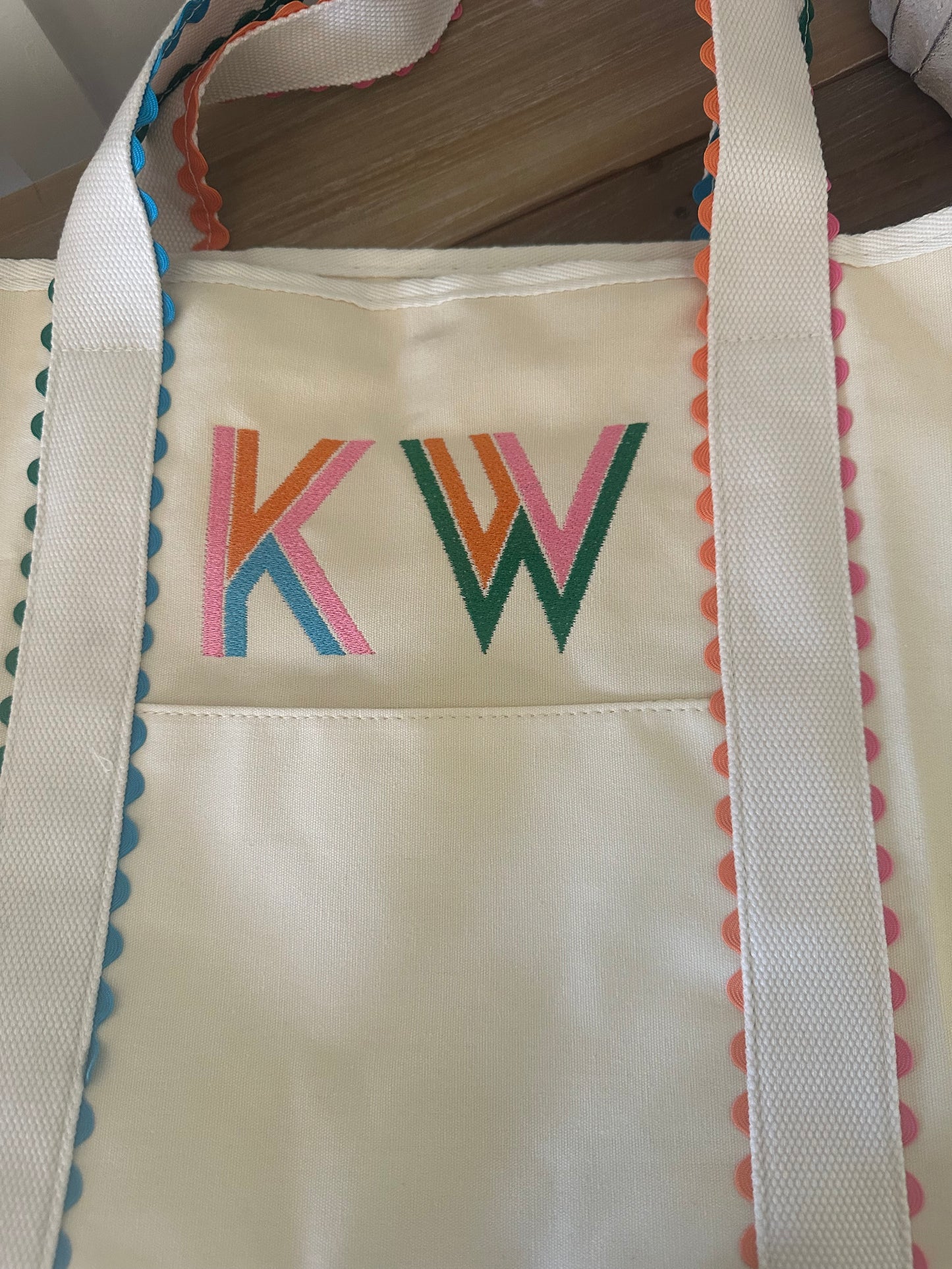 Rainbow Canvas Ric Rac Tote with Monogram