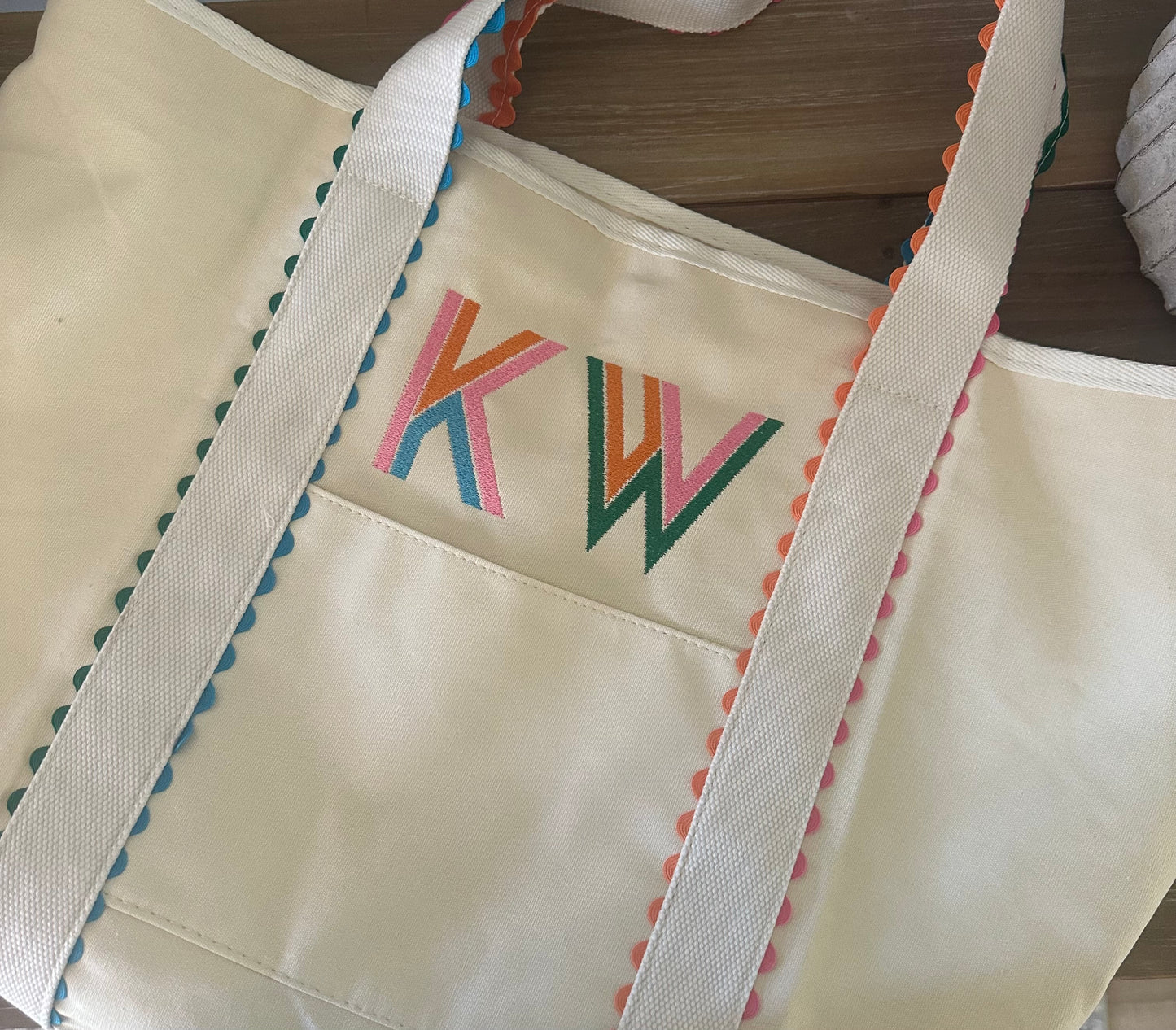 Rainbow Canvas Ric Rac Tote with Monogram